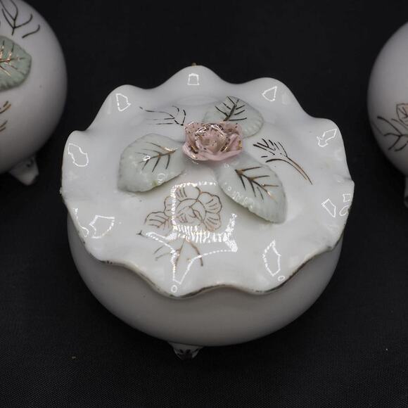 Thames White Porcelain with Pink Flowers 3 piece Set Vanity Top Trinkets - Picture 2 of 7